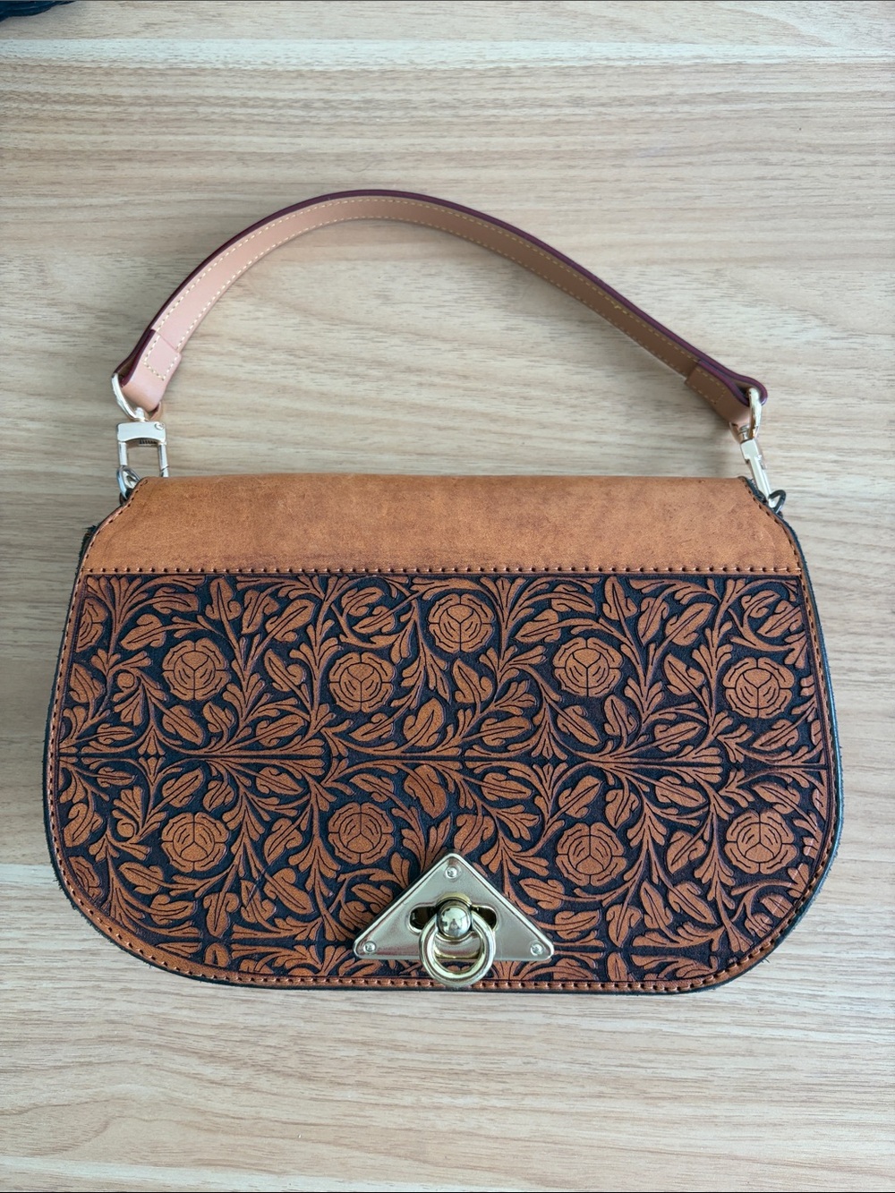 Tan Floral Tooled Shoulder Bag with Gold-Tone Hardware